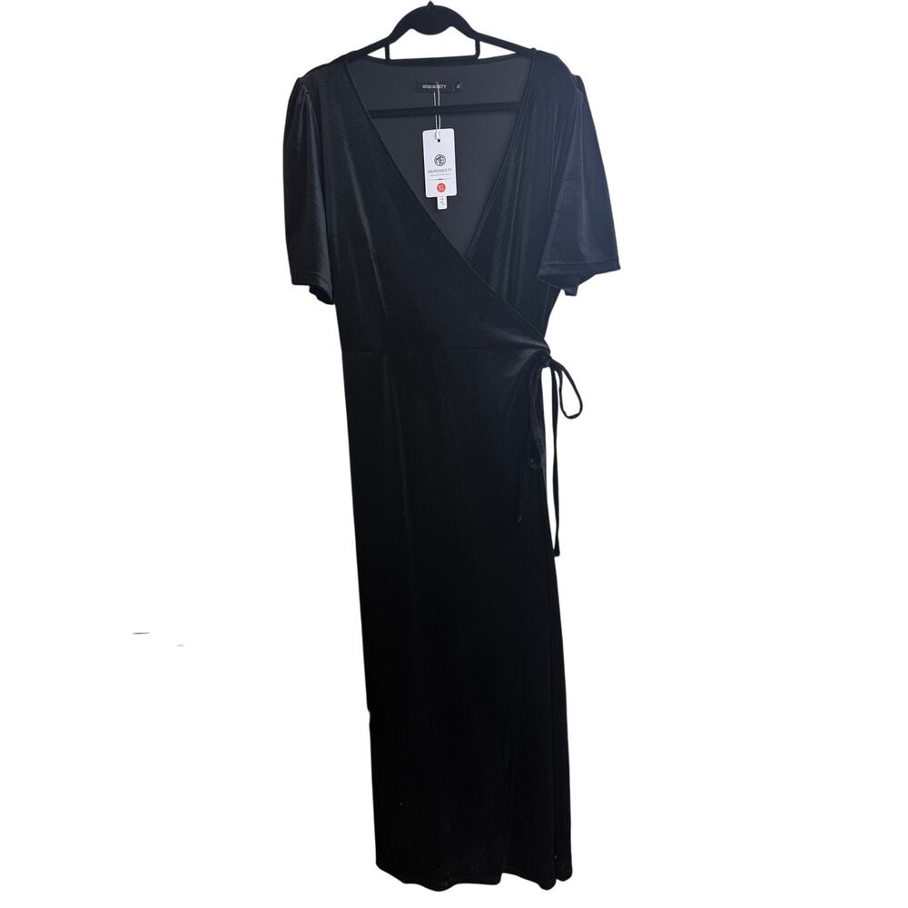 New MEROKEETY Black Velour Wrap Maxi Size XL Long V-Neck Short Sleeve Velvet